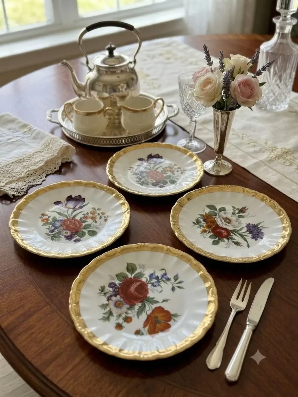 Vintage Golden Crown E&R Western Germany Floral Plates Dishes Set of 4